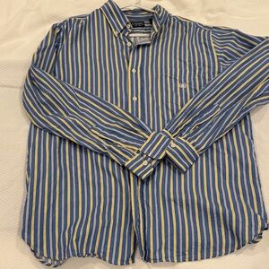 Chaps Men's Striped Button Down Shirt - Blue and Yellow